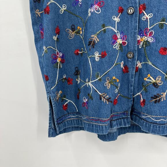Vintage 90s Jane Ashley Embroidered Floral Denim Button Down Medium - Picture 3 of 5